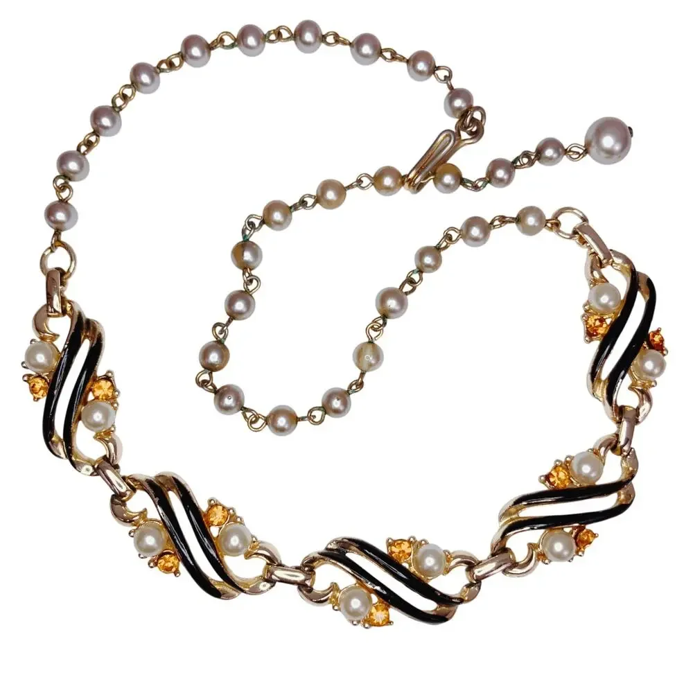 Vintage 50s Gold Tone Black Enamel Faux Pearl Rhinestone Link Choker Necklace